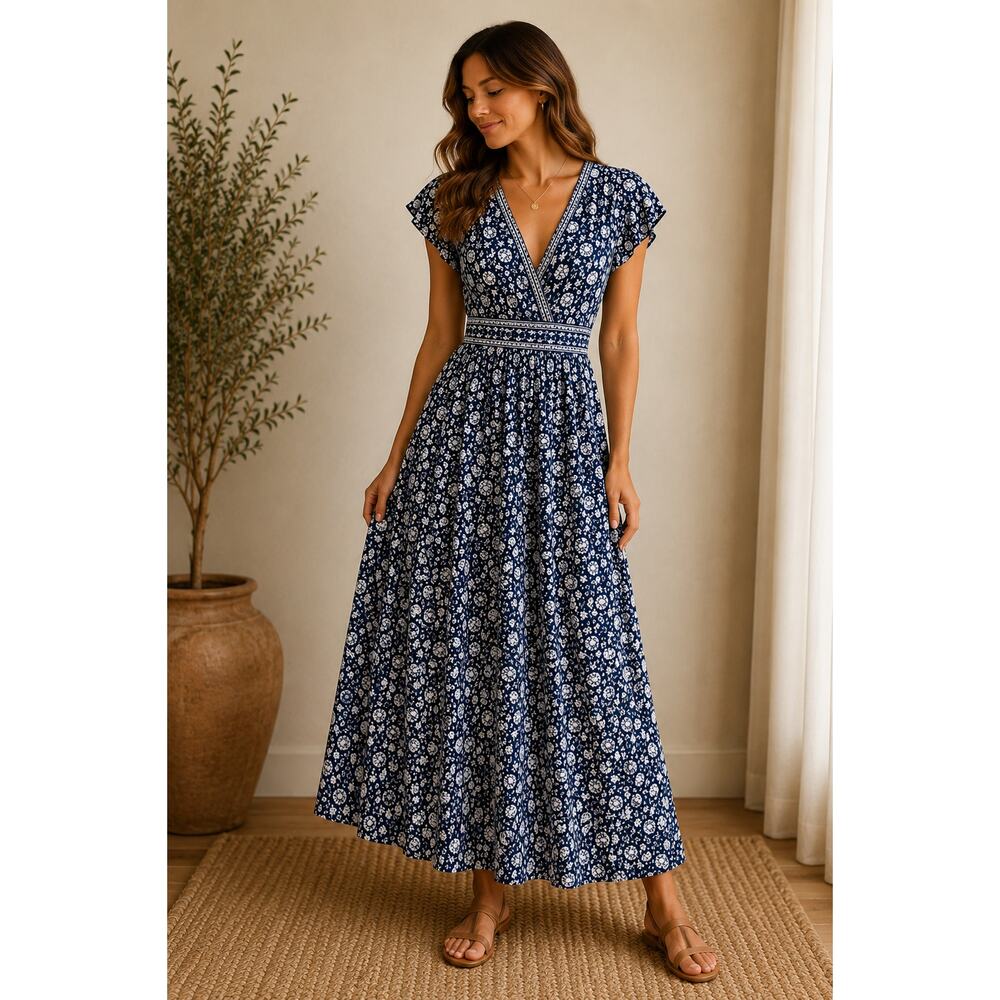 Max Studio Maxi Dress Blue White Floral SZS Boho Summer
